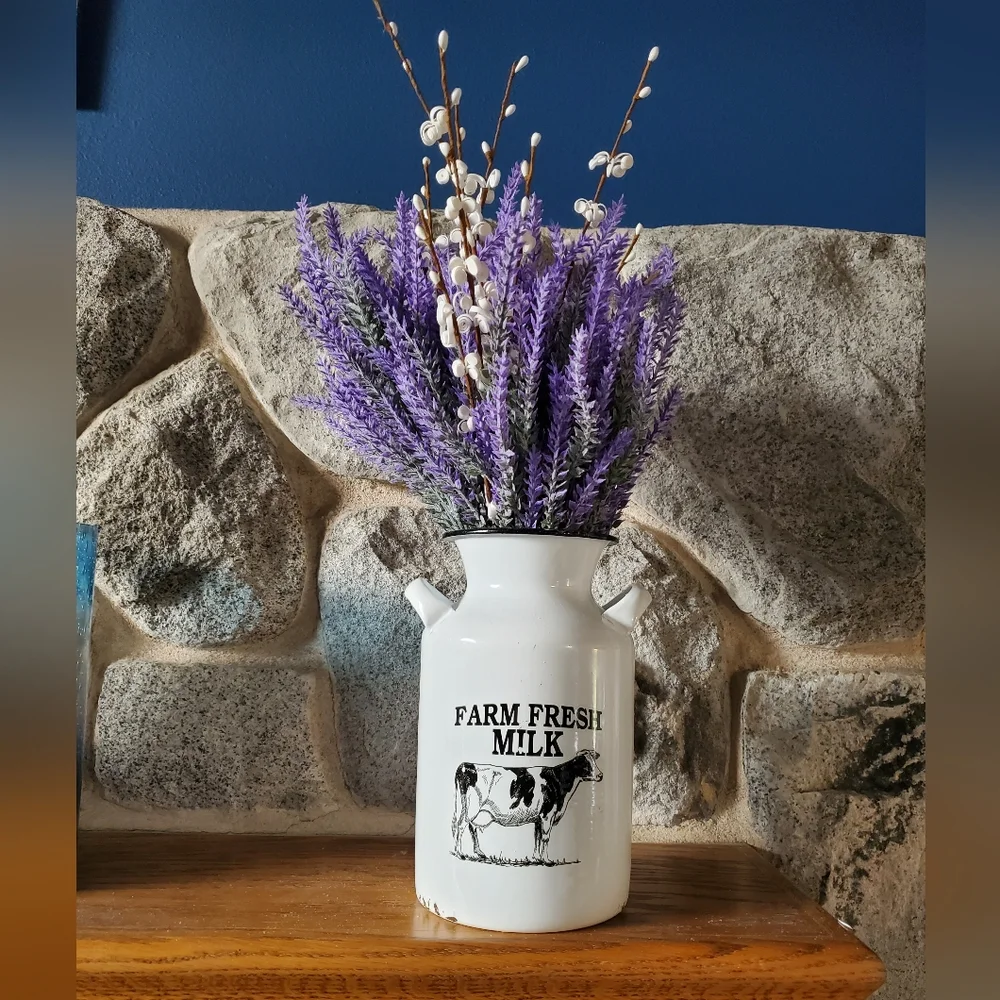 Lavender Artificial Flowers in Milk Jug Metal Vase